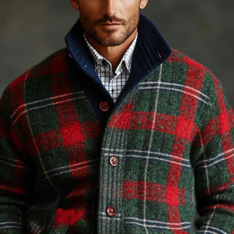 Men's Vintage Christmas Colorful Check Stand Collar Single Breasted Knit Cardigan
