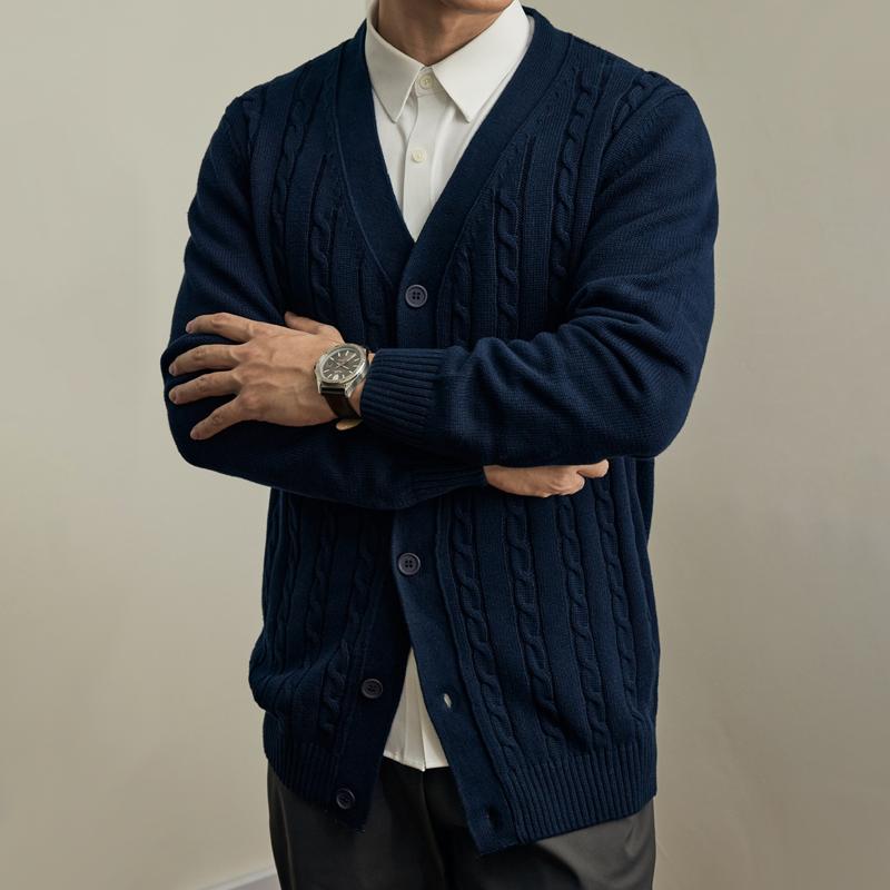 Men's Solid Color Knit Cable V Neck Single Breasted Cardigan