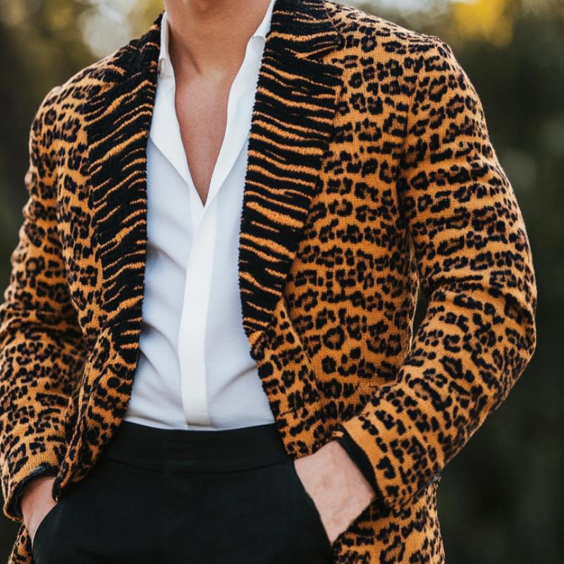Men's Vintage Leopard Jacquard Splicing Lapel Knit Cardigan
