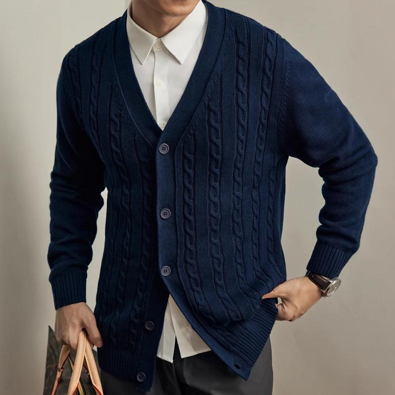Men's Solid Color Knit Cable V Neck Single Breasted Cardigan