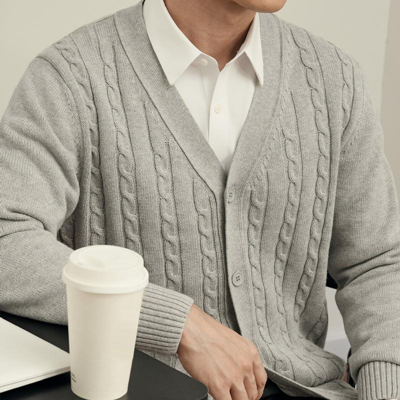 Men's Solid Color Knit Cable V Neck Single Breasted Cardigan