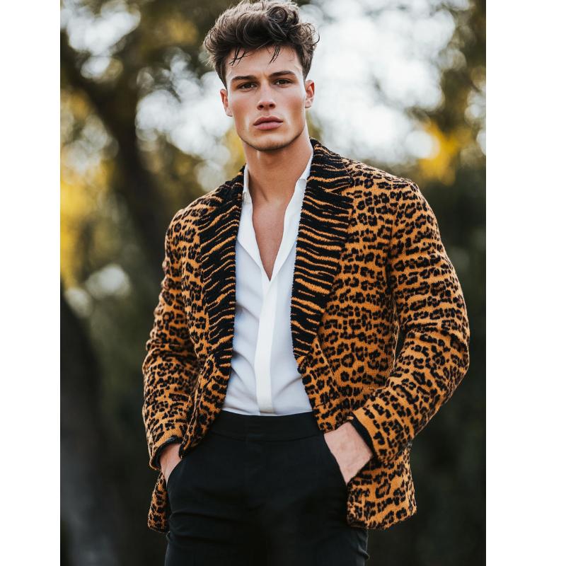 Men's Vintage Leopard Jacquard Splicing Lapel Knit Cardigan