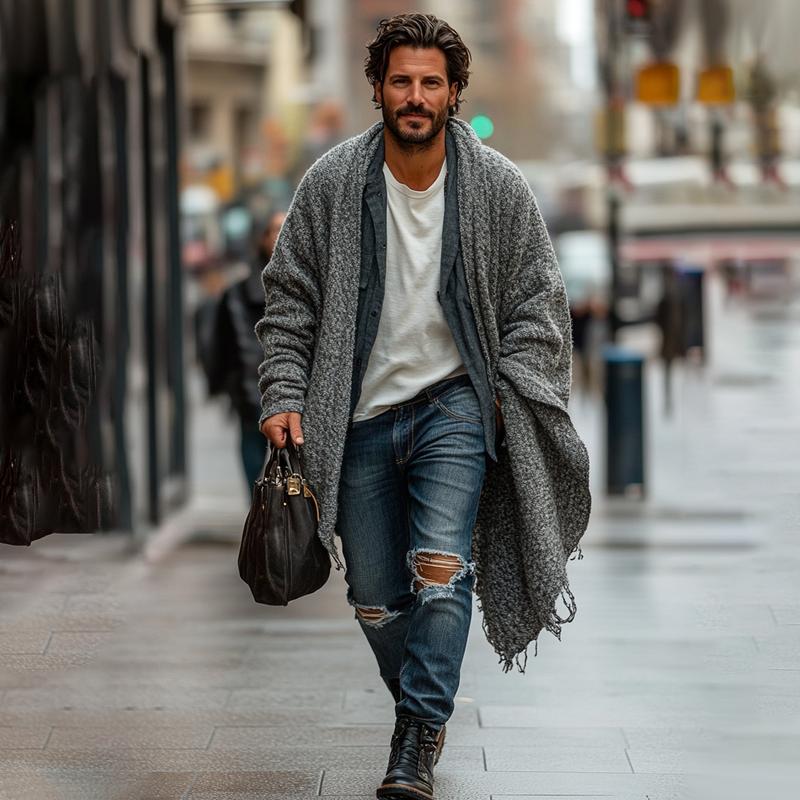 Men's Fashionable Loose Knitted Long Sleeve Casual Shawl Cardigan