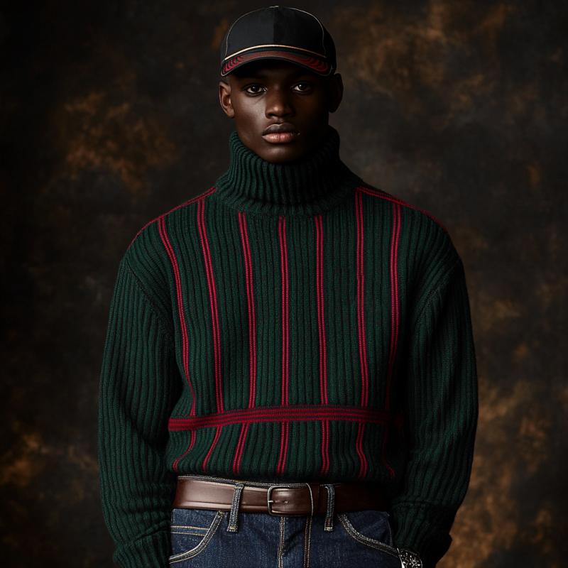Men's Vintage Christmas Color-Blocked Vertical Striped Knitted Turtleneck Sweater