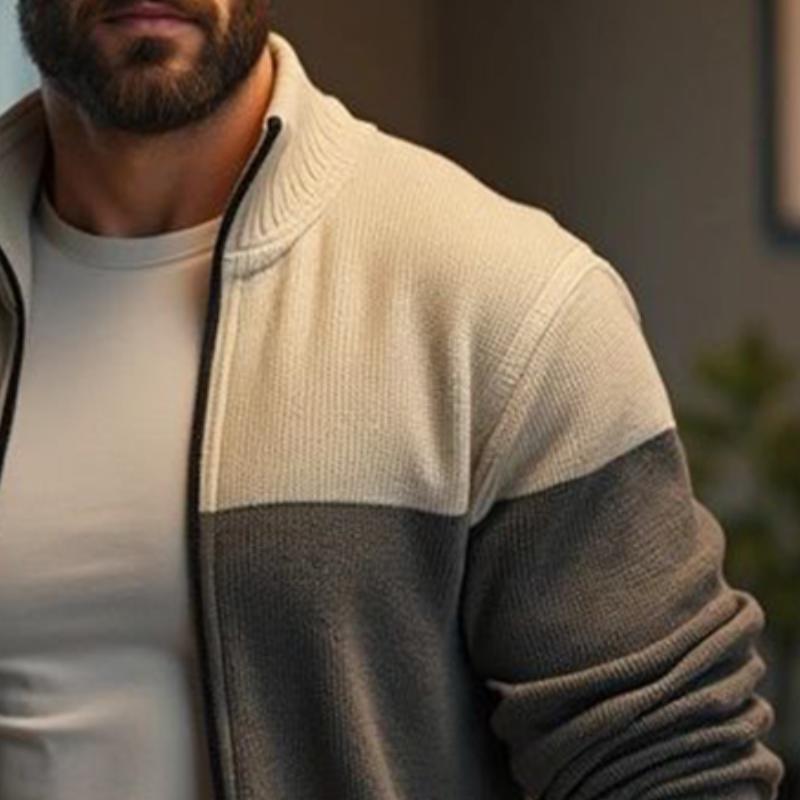 Men's Retro Casual Colorblock Zipper Lapel Knit Cardigan