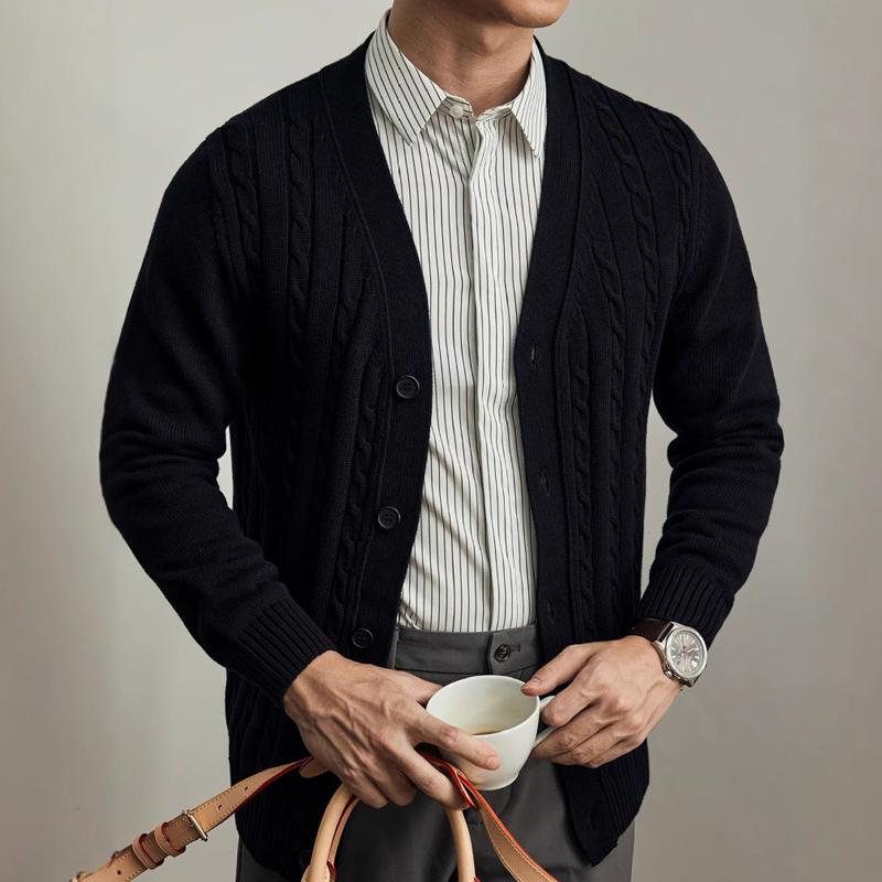Men's Solid Color Knit Cable V Neck Single Breasted Cardigan
