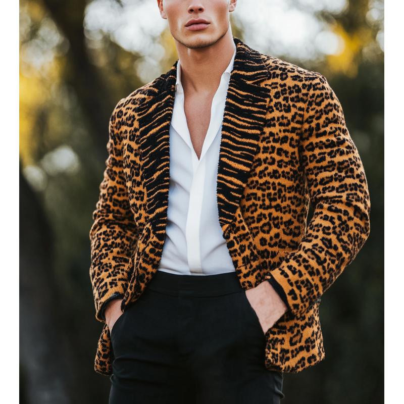 Men's Vintage Leopard Jacquard Splicing Lapel Knit Cardigan