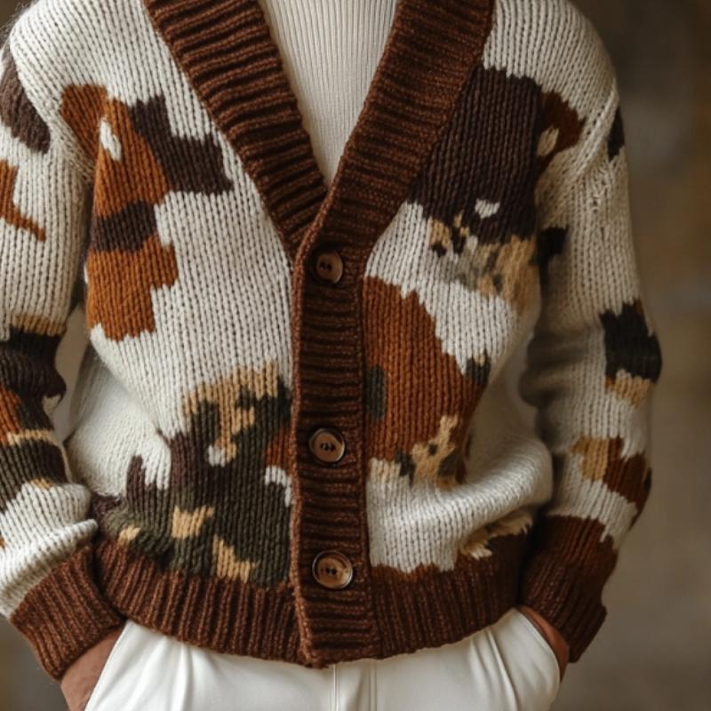 Men's Retro Colorblock Jacquard Collarless Single Breasted Knitted Cardigan