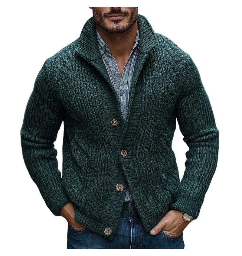 Men's Solid Color Knit Cable Stand Collar Single Breasted Cardigan