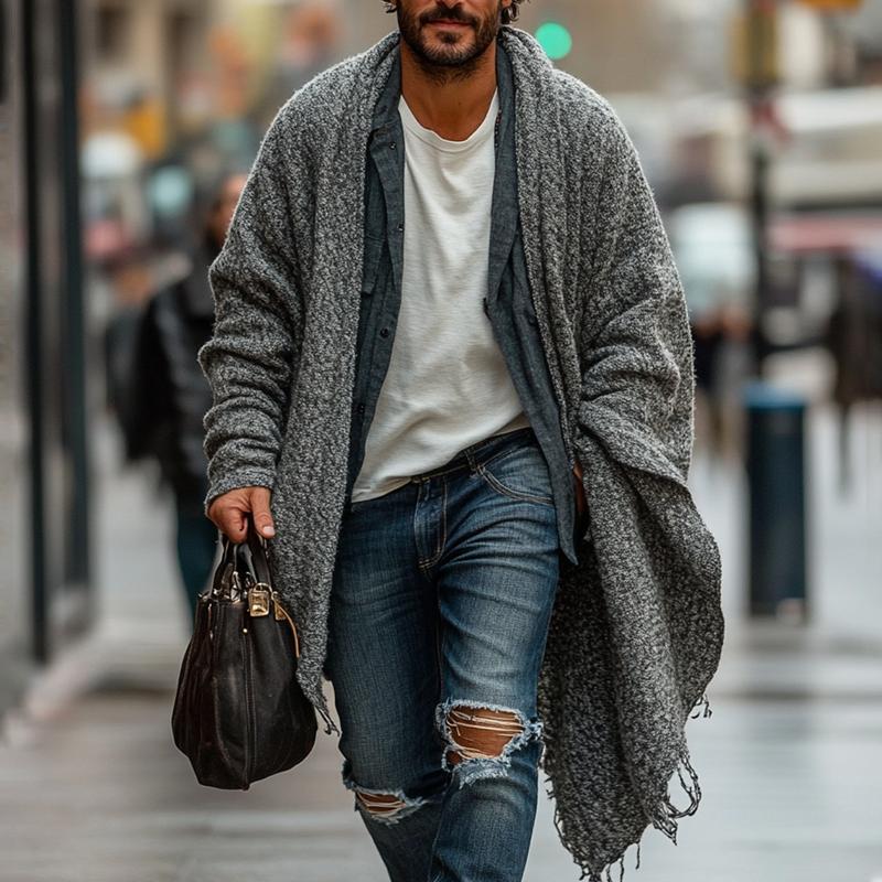 Men's Fashionable Loose Knitted Long Sleeve Casual Shawl Cardigan