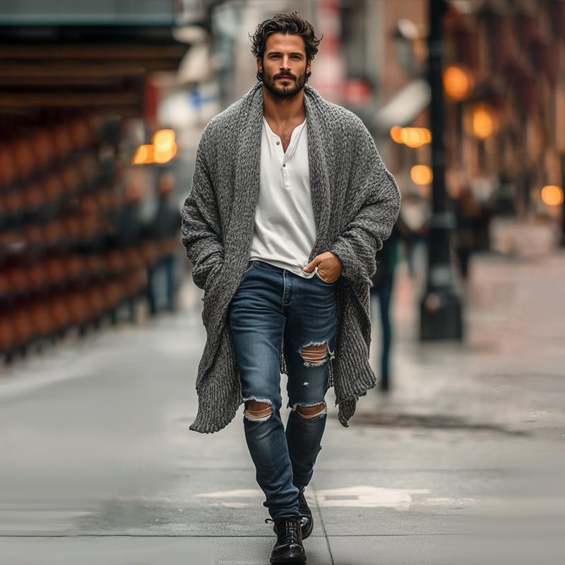 Men's Fashionable Loose Knitted Long Sleeve Casual Shawl Cardigan